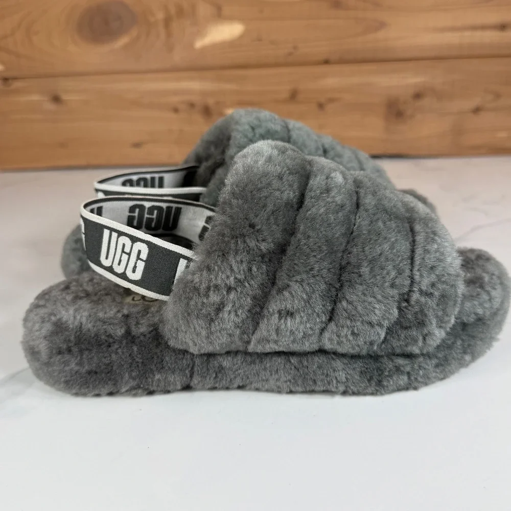 UGG Fluff Yeah Slide Charcoal Grey Kids Sheepskin Sandals Girl 2 Cozy Winter